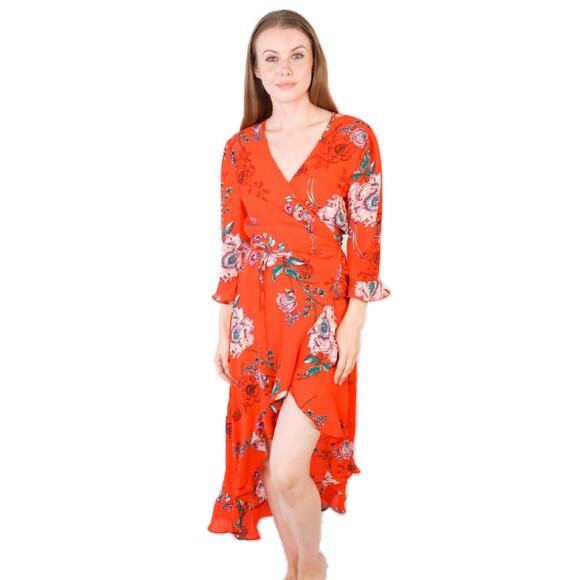 The haute project Medium boho peasant floral high low wrap dress coral red EUC - Picture 1 of 11